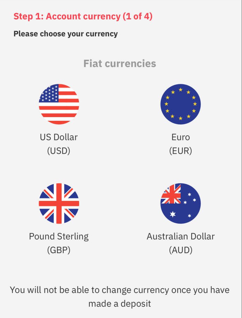 Select Currency when opening a real account on deriv.com
