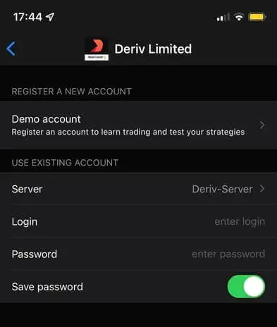 Deriv Synthetic Indices login page